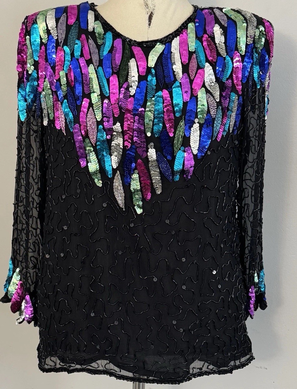 Vtg Swee Lo Women’s 100% Silk Sz XXL 14/16 Blouse Sequin Beaded Maximalist Glam