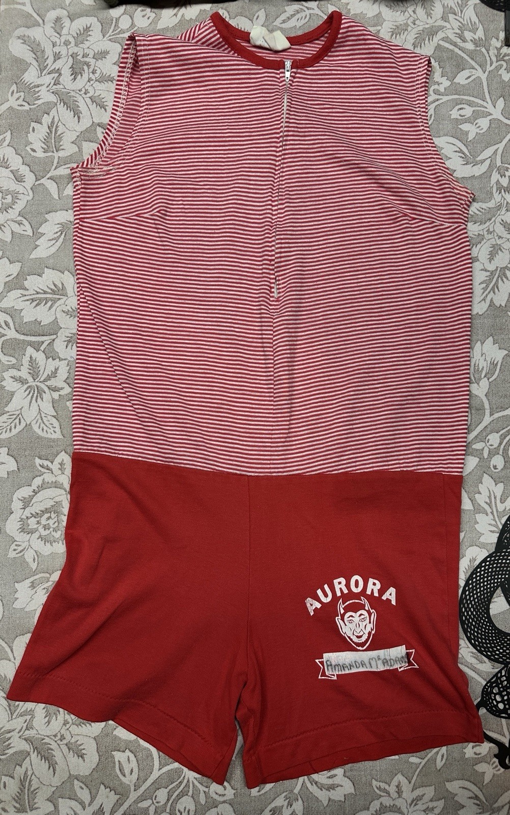Vintage 1970s Red Stripped Gym Romper Devil High School One Piece Zip Front Dart