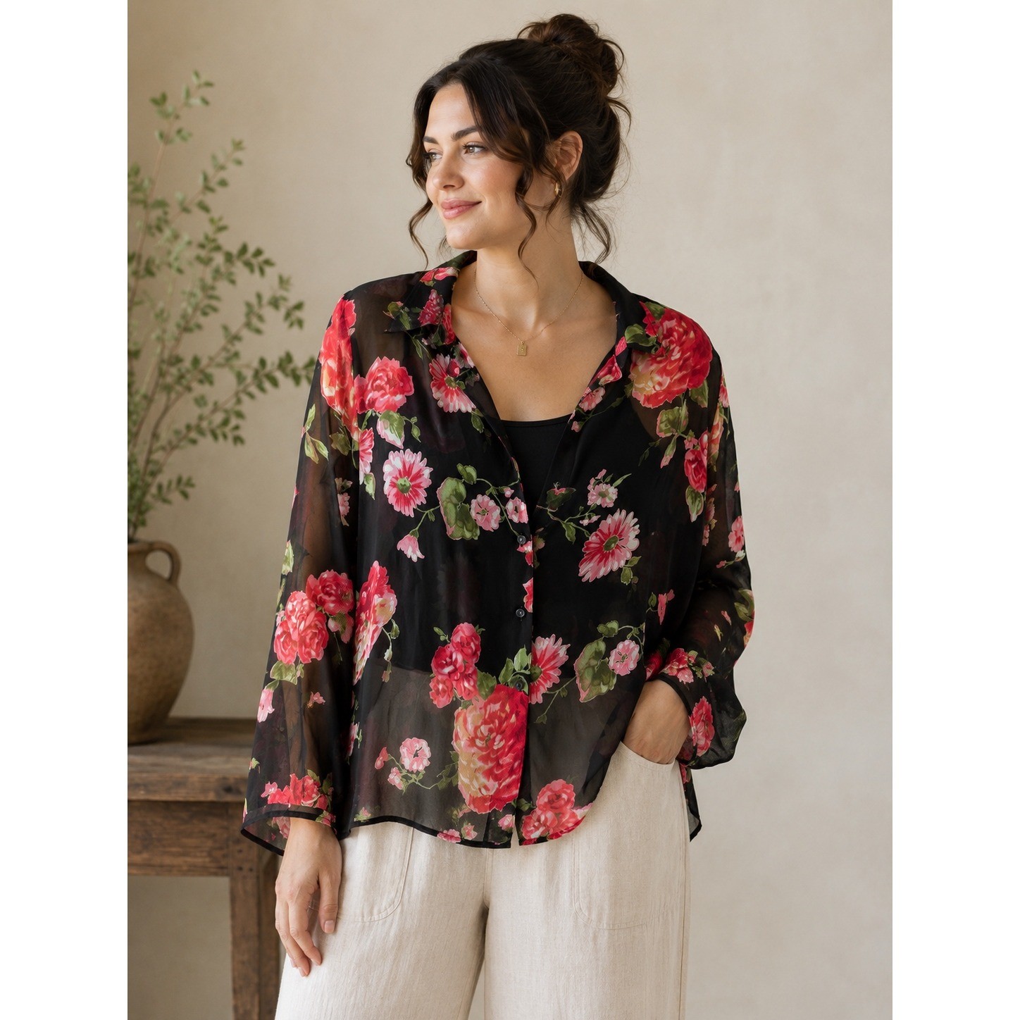 Carol Anderson Floral Blouse Women 16 Black Pink Rose Sheer Rayon Cottagecore