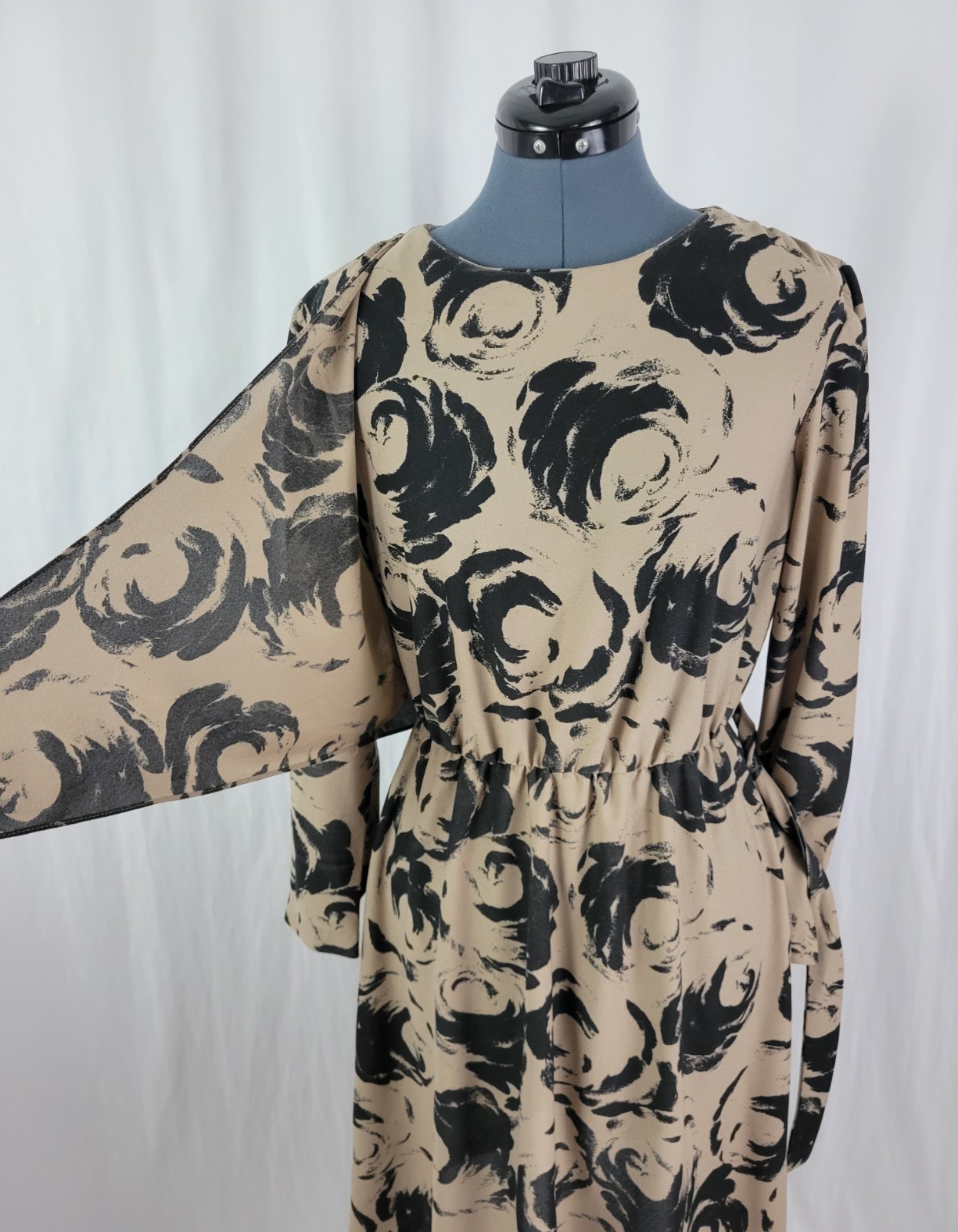 Vintage Marti Petite Brown & Black Blouson Dress w Overlay Wrap Size 16