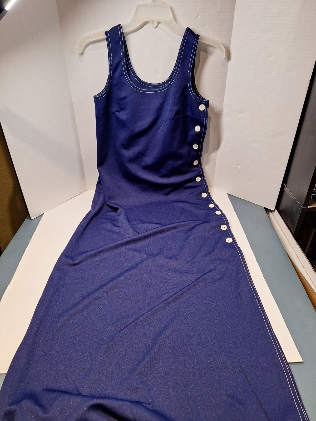 Vintage Caron Tank Dress, Woman’s M, Navy Blue, Maxi, Polyester Buttons