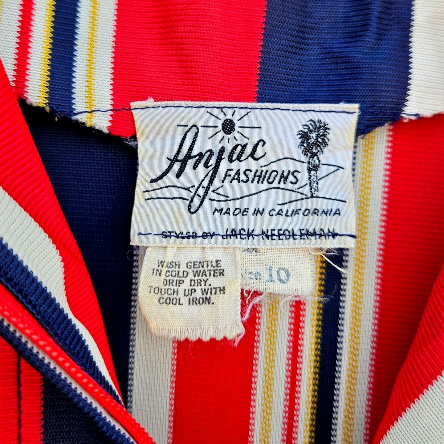 Vintage 70s California Stripe Nylon Knit Dress Red White Blue Zip Front Womens M