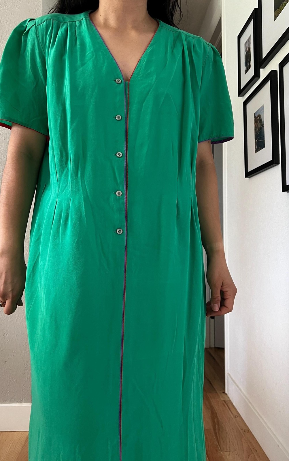 vtg bright green silk midi shift dress size 16 purple red plus work business