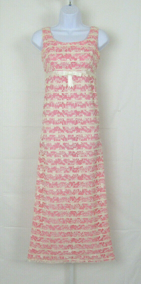 VTG 1950s REICH ORIGINALS MAXI DRESS PINK WHITE LACE MESH BOWS SLEEVELESS