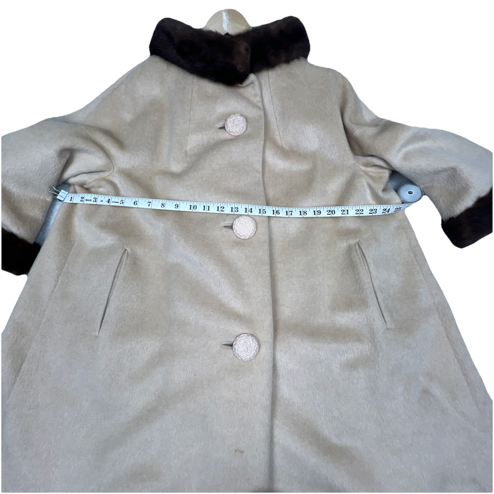 Vintage 50s SABELARI Taupe Camel Hair Tan MINK FUR Wedding Ring Collar Coat