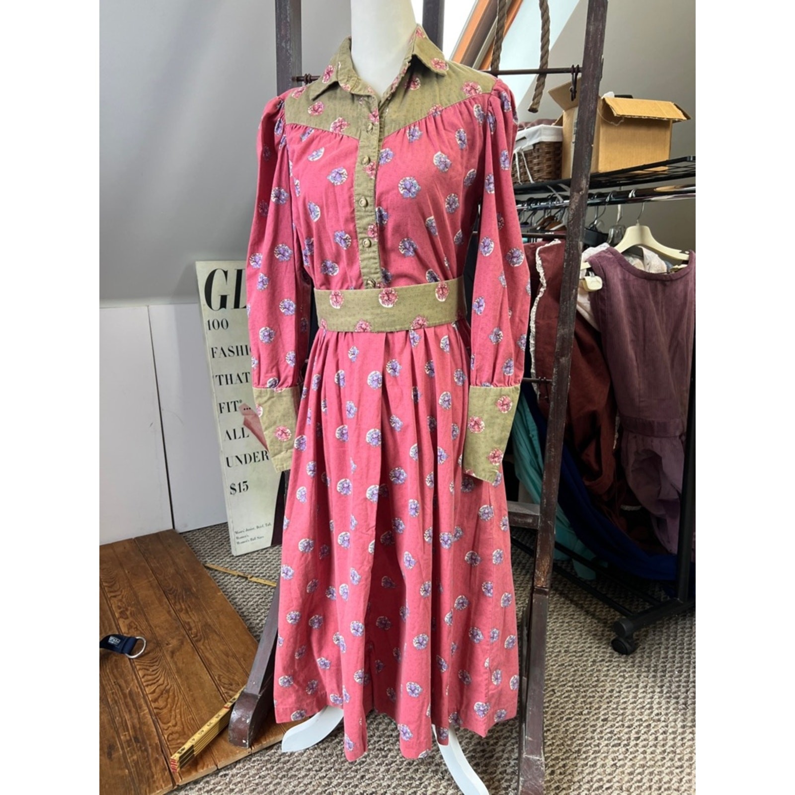 Vintage-Aunt Abigail’s Attic Dress Pink floral Midi long sleeve prairie style