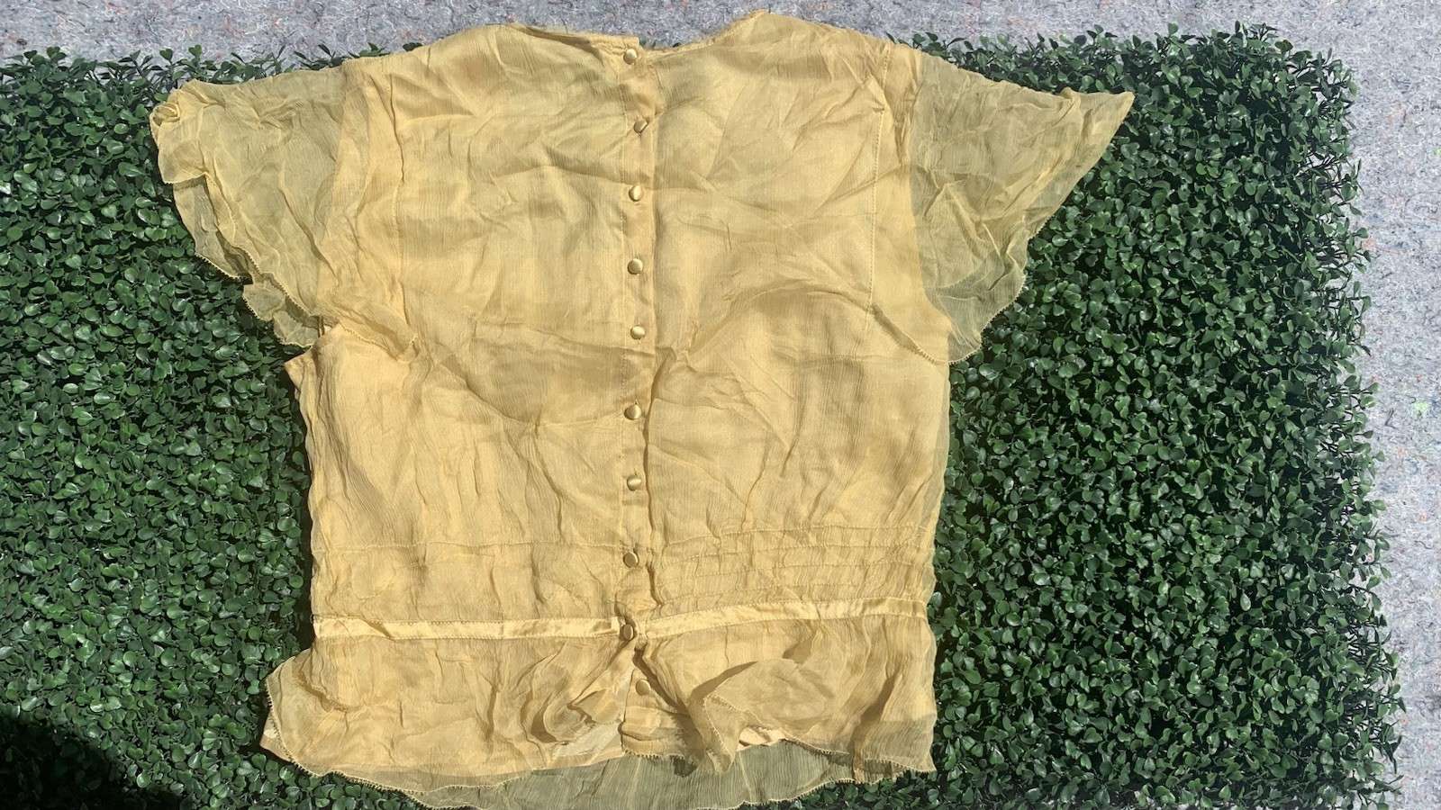 As Is vintage 90s Y2K designer yellow gold silk chiffon crop blouse top