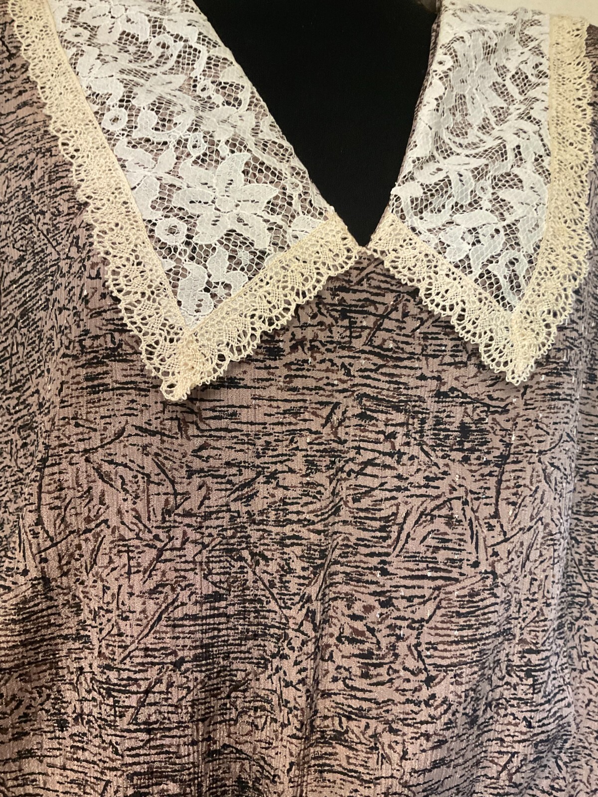 Vintage 1980s Black Patterned Dress with Lace Collar & Cuff-Large-Lorac Original