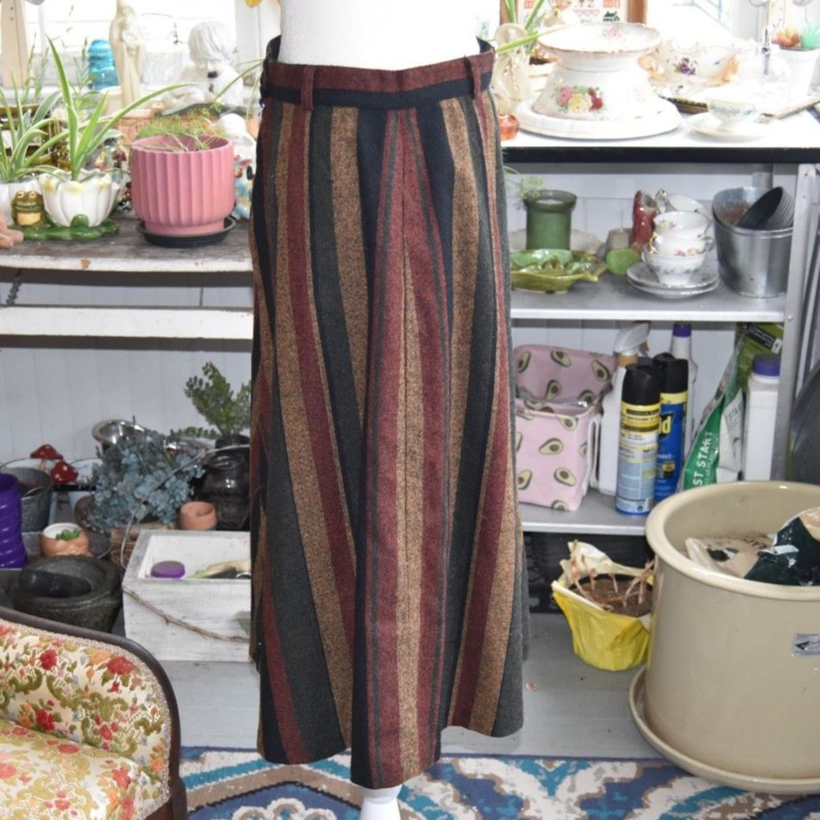 Vintage 70s Chevron Stripe Midi Skirt Talon Zip Wool Blend Medium