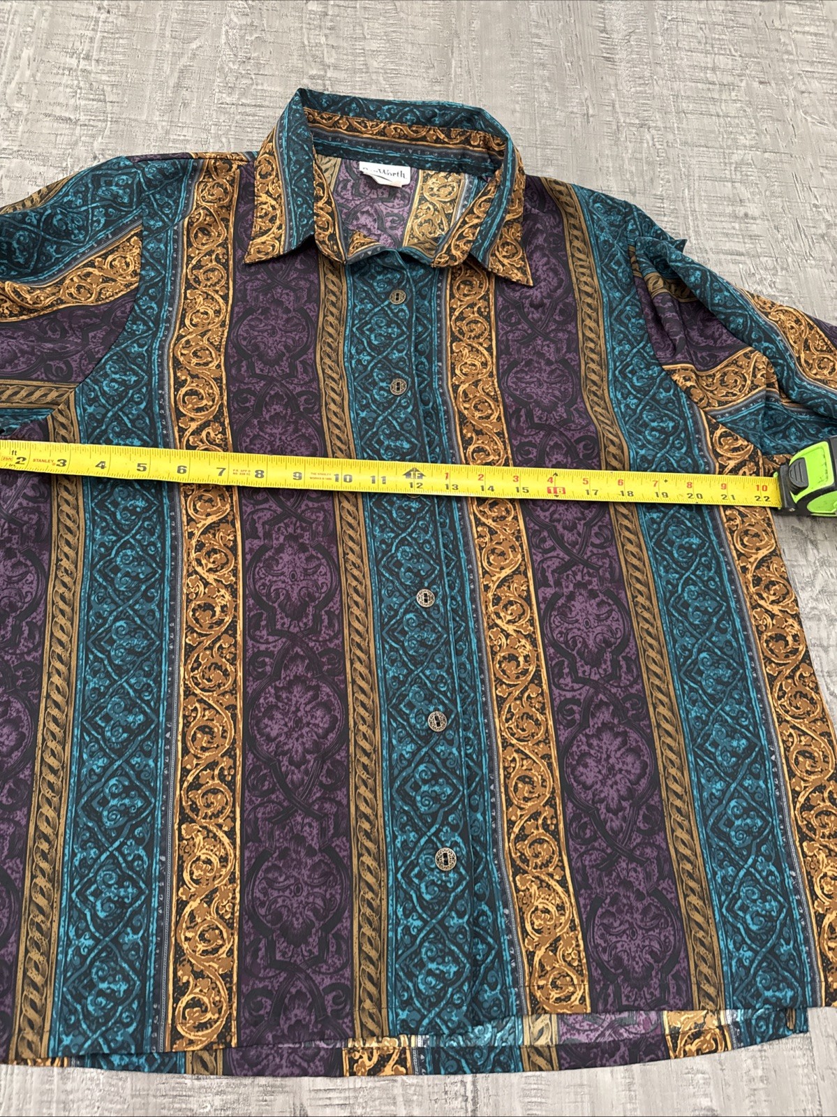 Vintage Bon Worth Blouse Teal Purple Gold button down, long sleeve medium petite