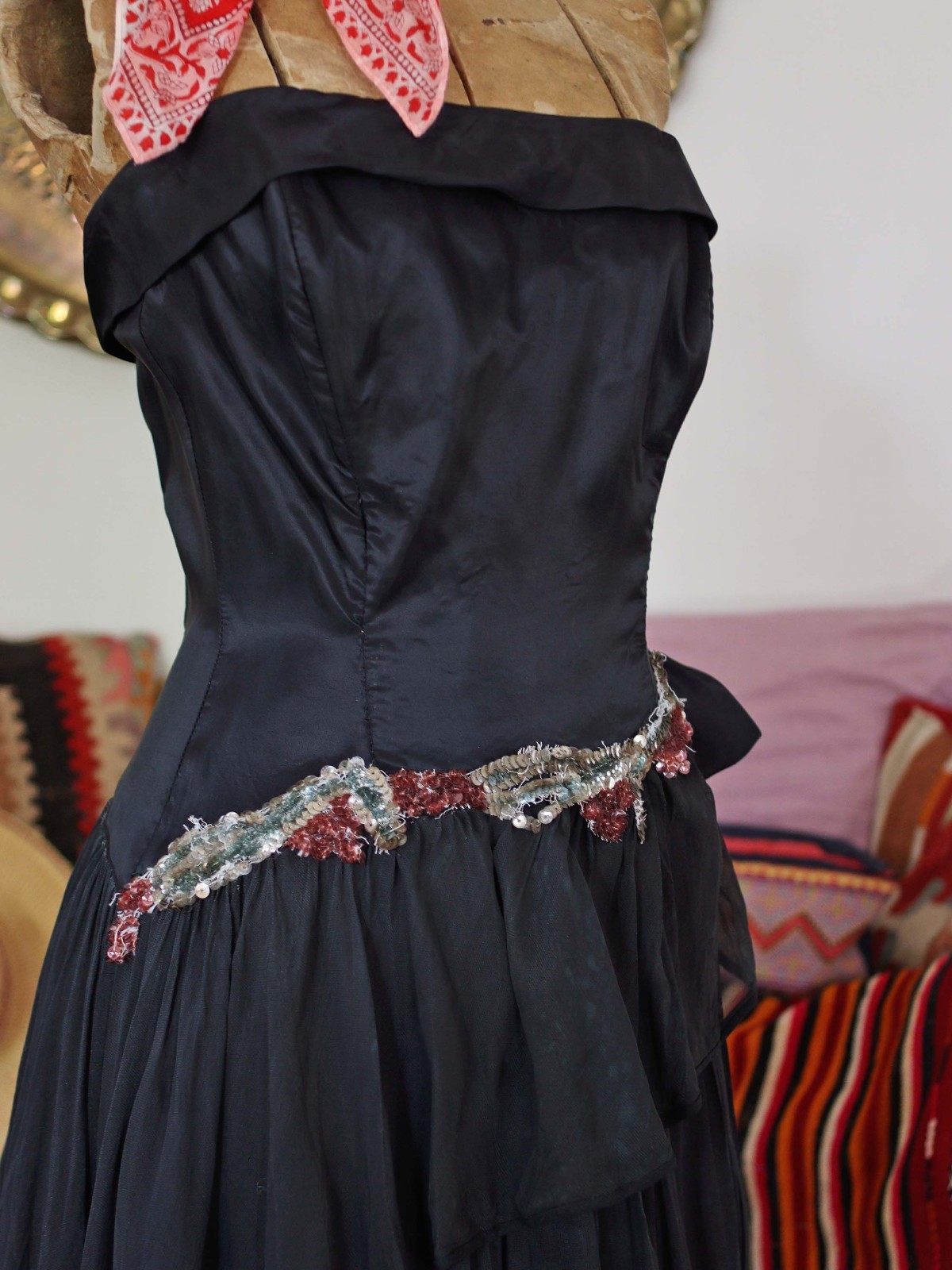 VTG 1940s Black Strapless Gown 40s Formal Evening Prom Dress Peplum Skirt Sequin