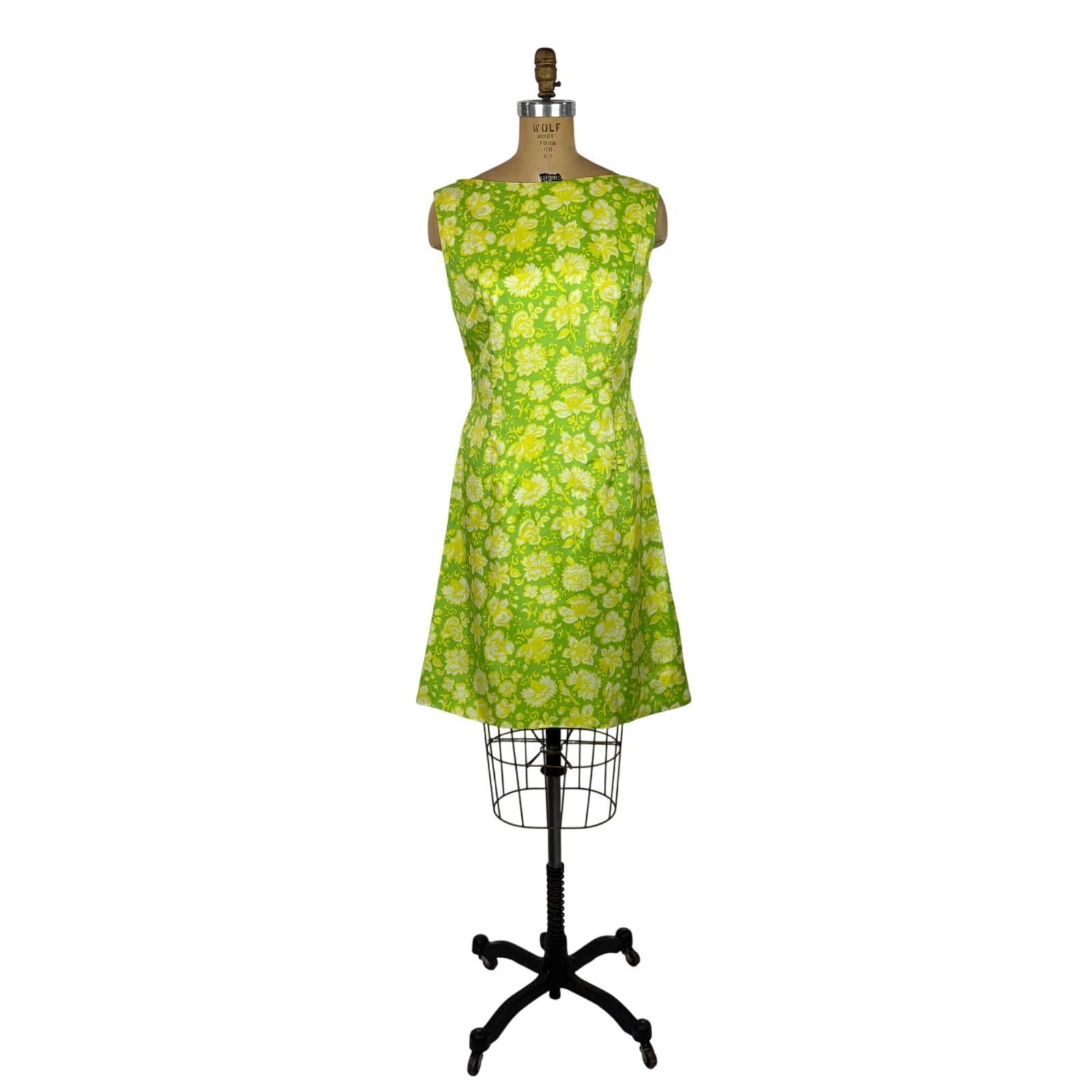 Vintage 60s Floral Dress Womens Medium Lime Green Yellow Mini Sheath Retro