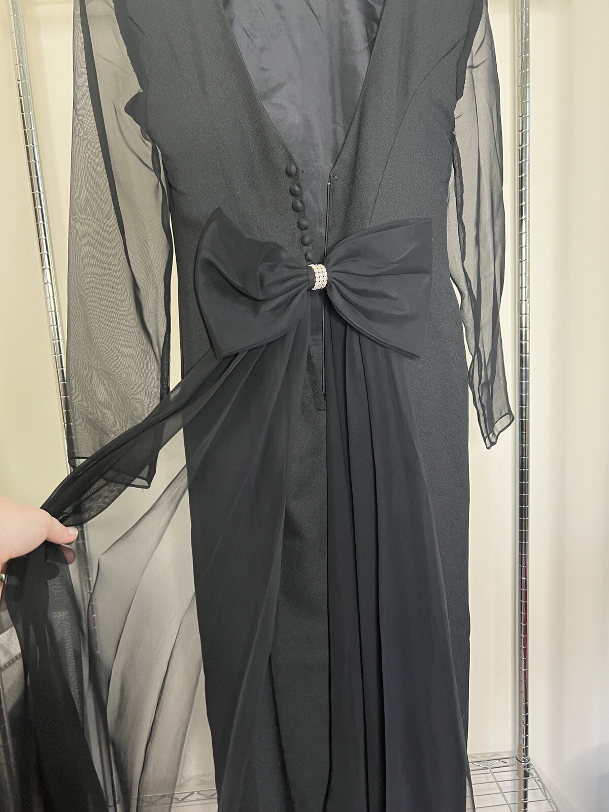 Vintage HW Collections Sz 10 Black Formal Sheath Dress Sheer Sleeves Big Bow 90s