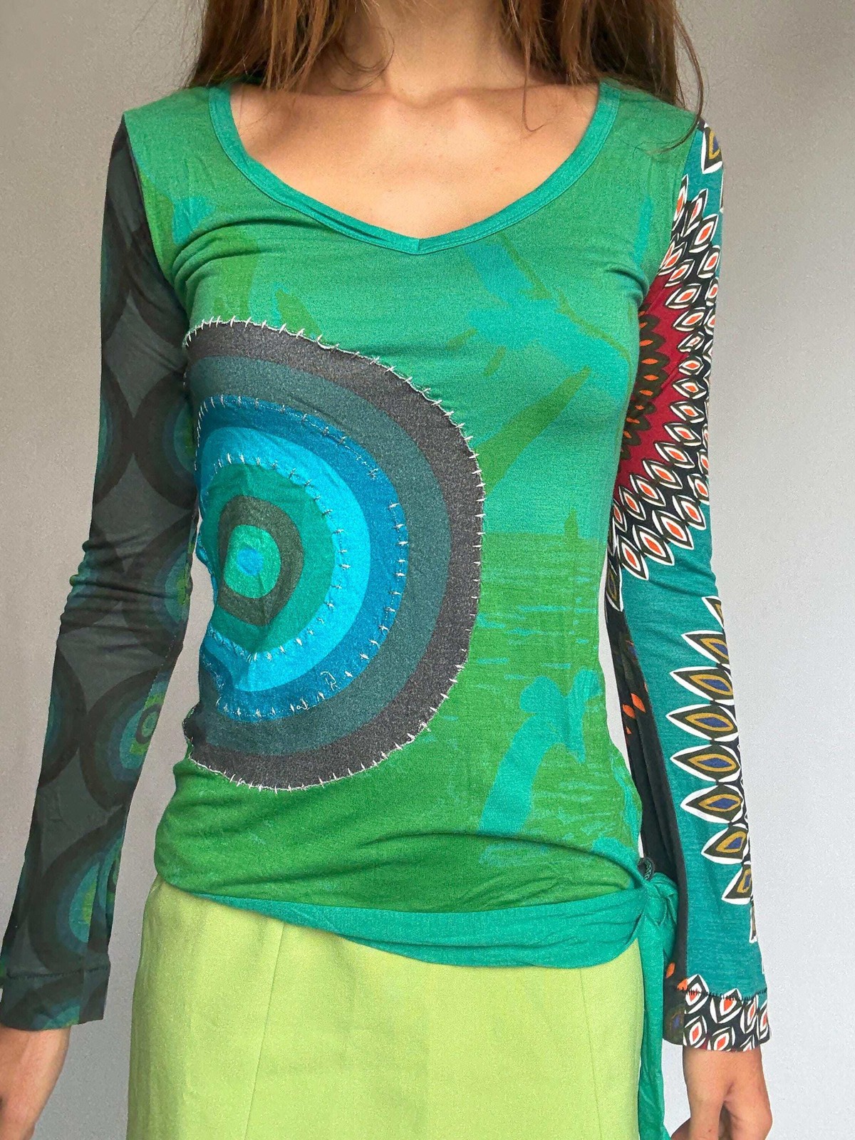 Desigual long sleeve green graphic blouse – bold print, tie waist detail – soft