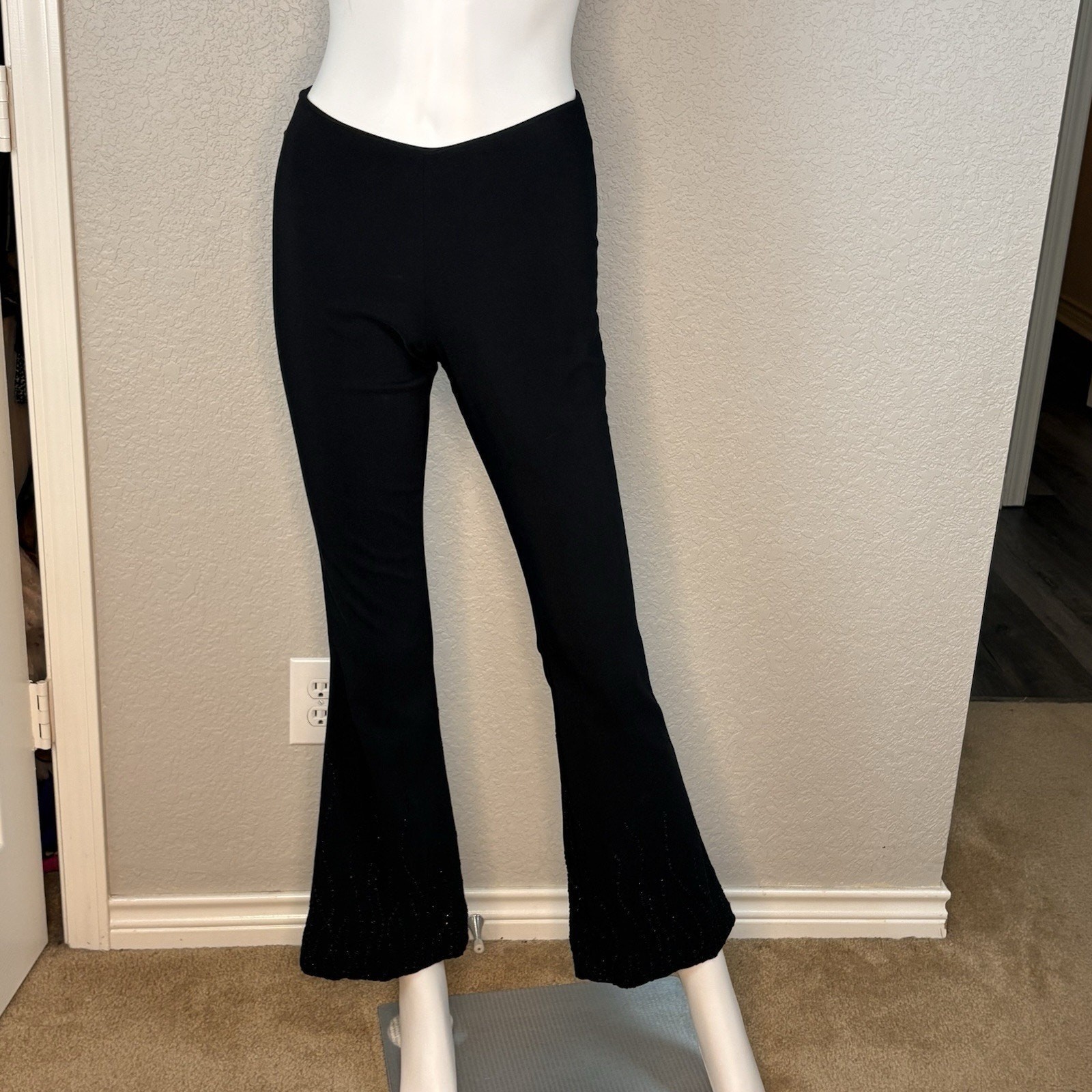 90s Y2K VTG Pants Flare Low Rise Back Zip Beaded Black Fairy Grunge Size XS