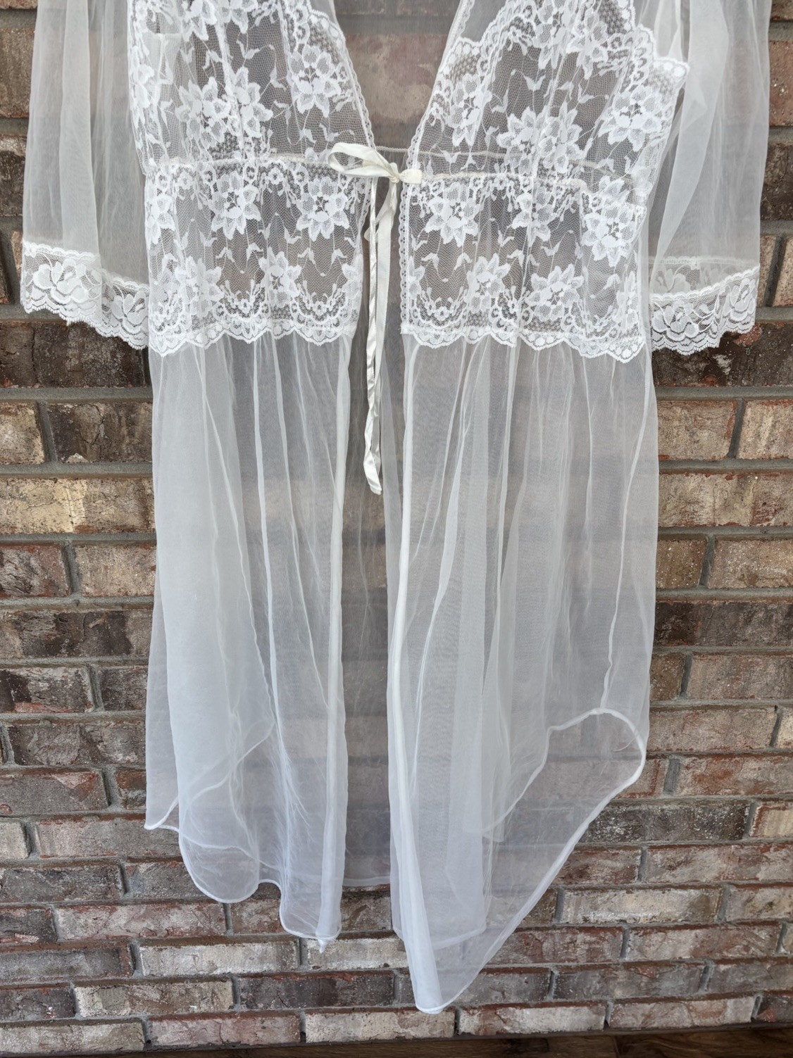 Vtg Taryn Alexander White Bridal Chiffon Lace Peignoir Nylon Nightgown Robe M