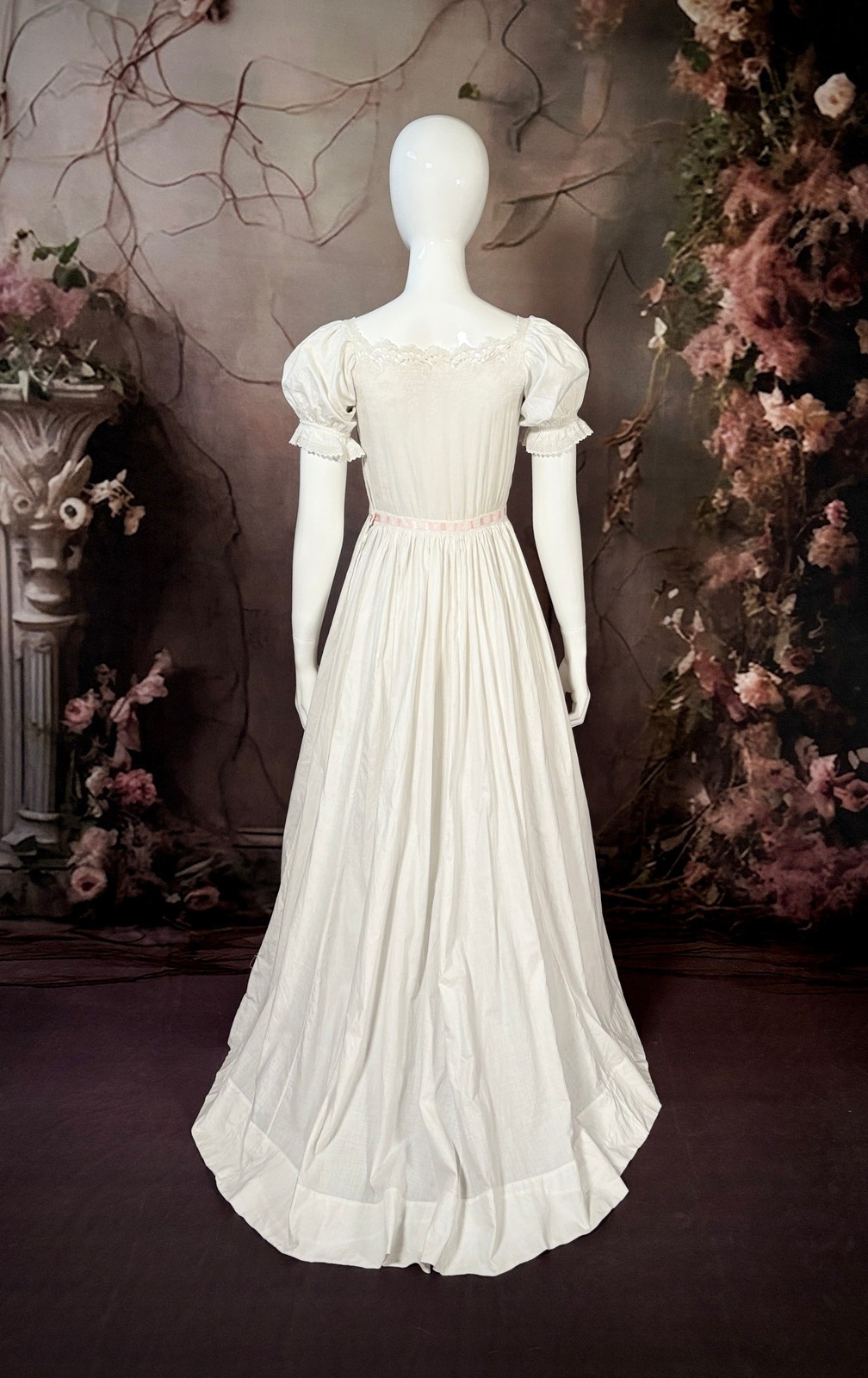 1850s Cotton Batiste Slip Dress Puff Sleeves Pink Silk Ribbon & Brush Train 2/4