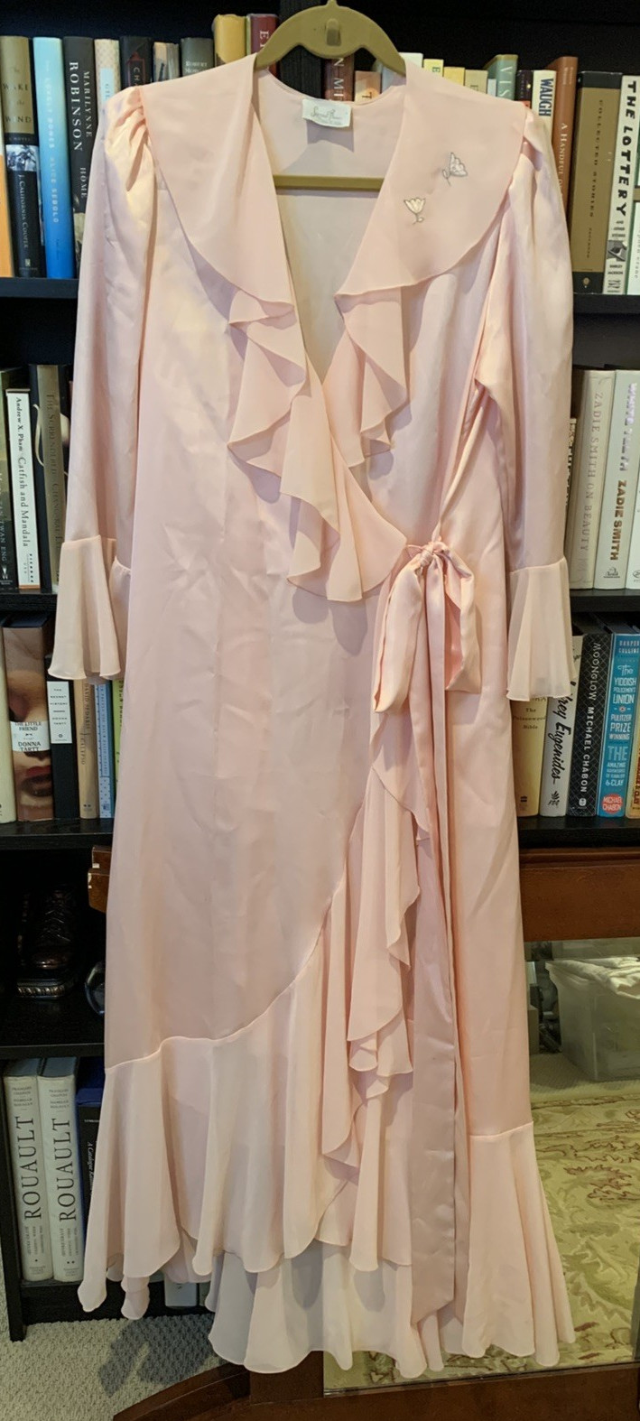 Vintage LUCIE ANN robe pink satin chiffon ruffles puff sleeves embroidery size M