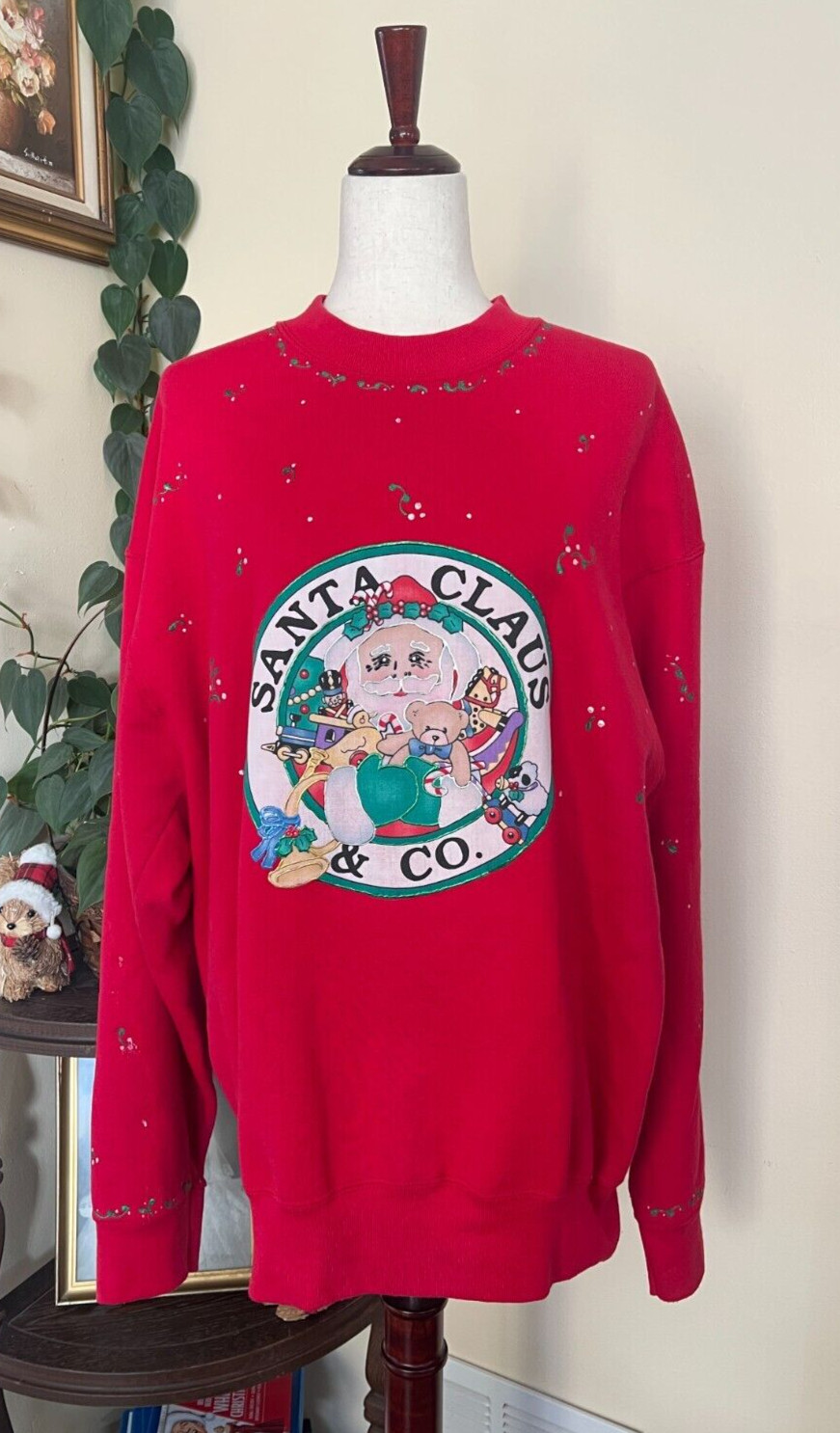 Vintage 90s Christmas Puffy Paint Sweatshirt Red Santa sz XL