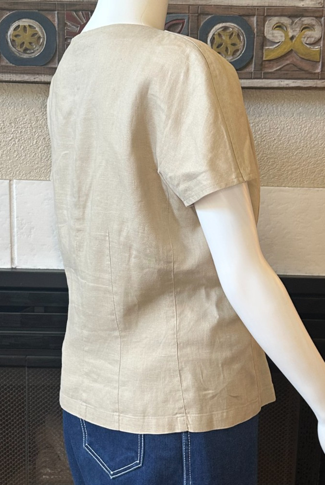 Claude Bennett Short Sleeve 100% Linen Size 12 tan button up blouse vtg