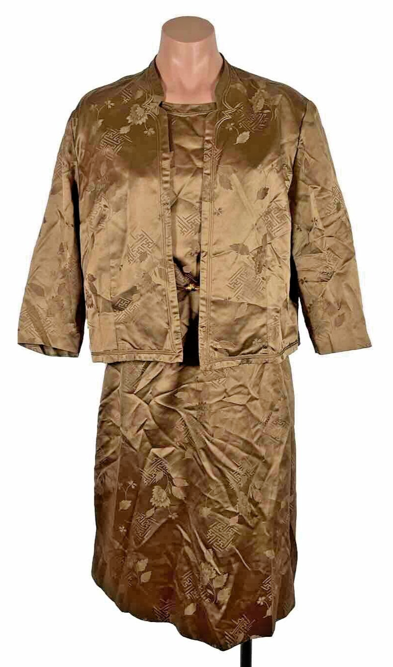 Vtg 1950’s Helen of Memphis Silk Metallic Brocade Flower Asian Dress Bolero Belt
