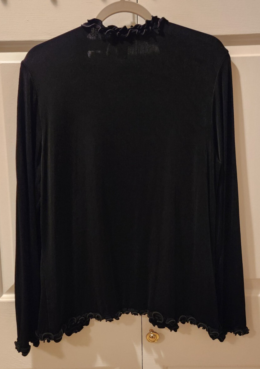 Chicos Travelers Sz 2~Reg 12~Black Open Front Travel Knit Cardigan~Ruffled Edges