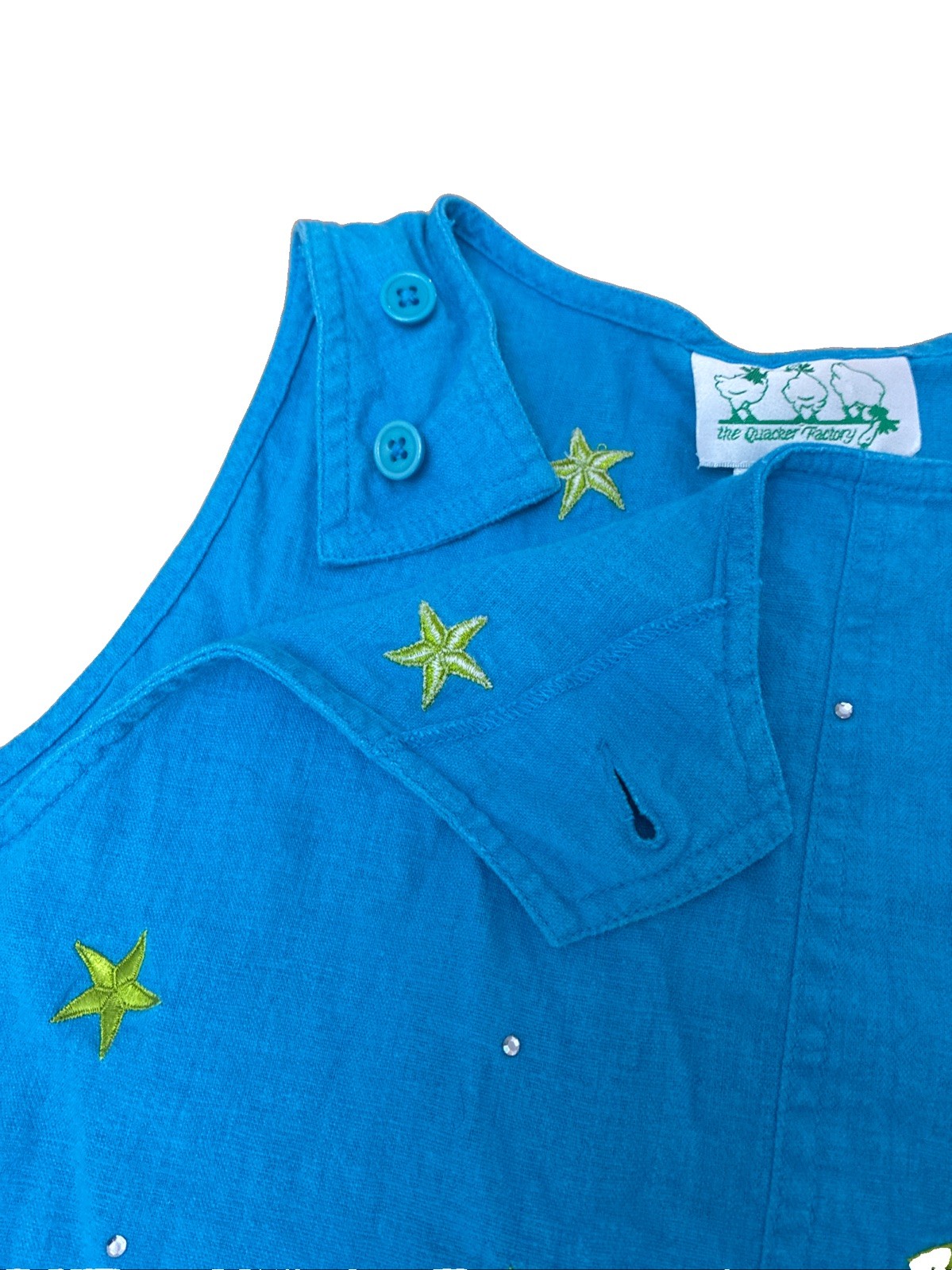 Vintage Quaker Factory Large Aqua Blue Celestial Linen/ Rayon Dress Pocket