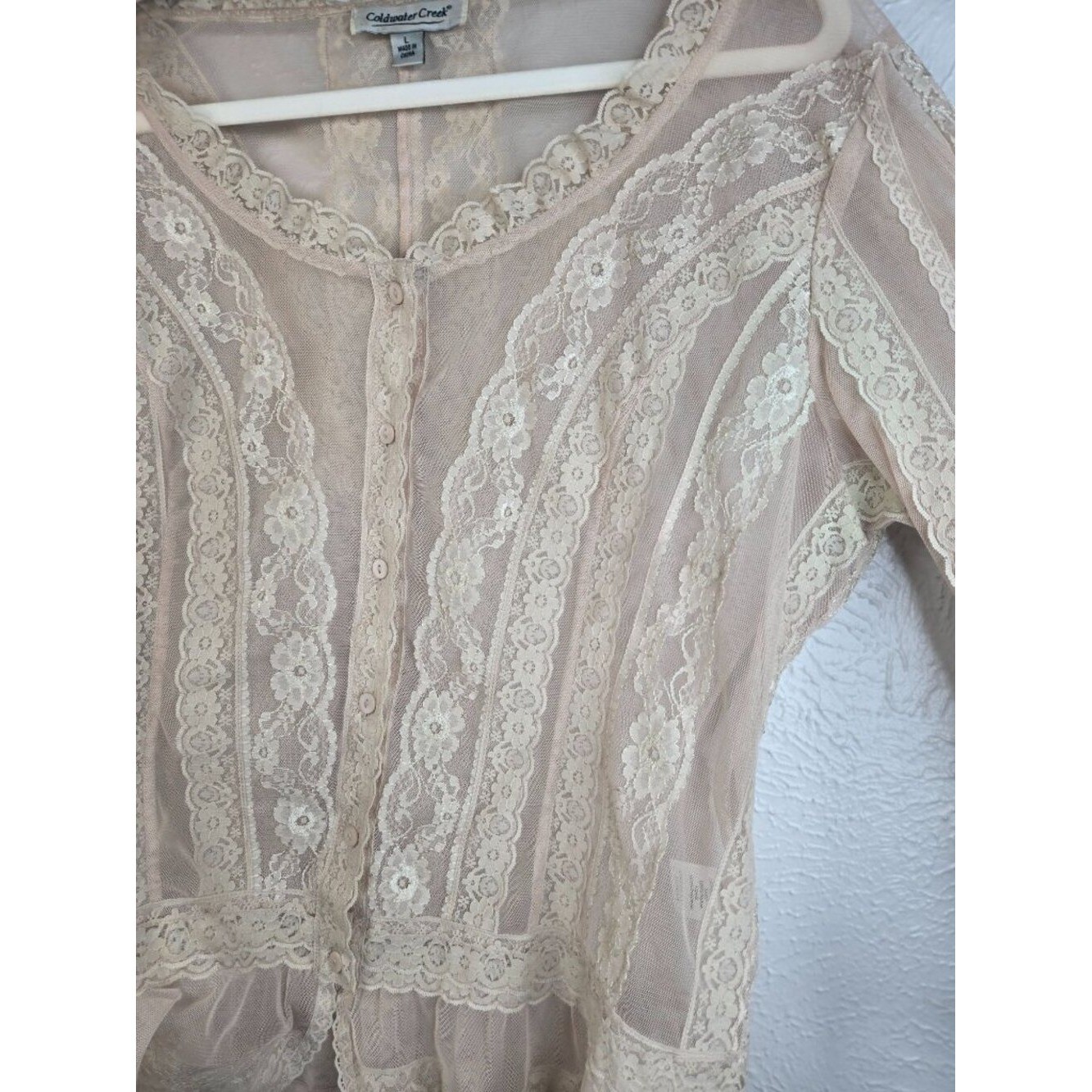VTG Lacey Ruffle Blouse Tan Sheer Floral Lace Bell Sleeve Top Victorian Coquette