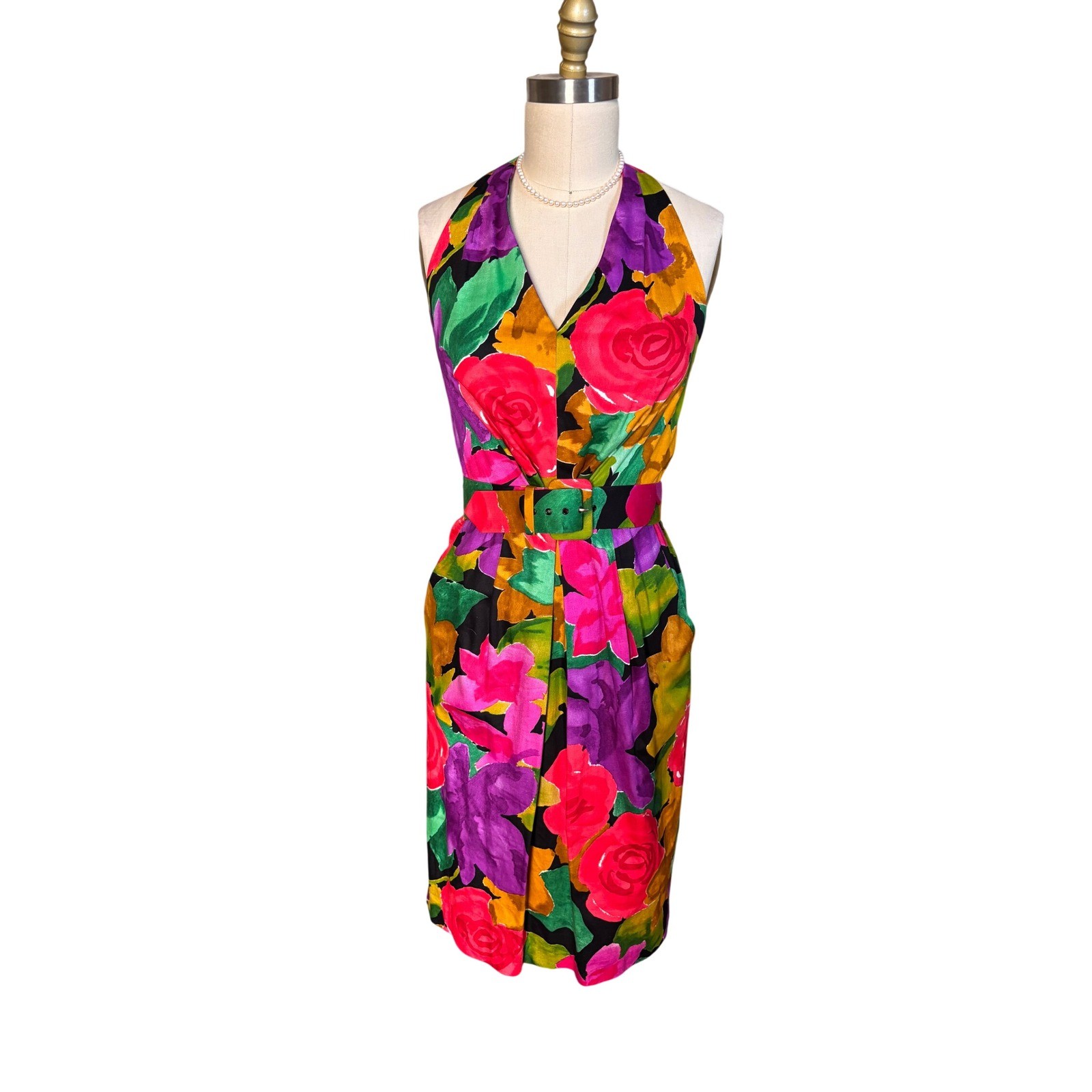 Floral Print Unbranded Halter Sheath Belted Pockets Midi Dress 6 Multi Vintage