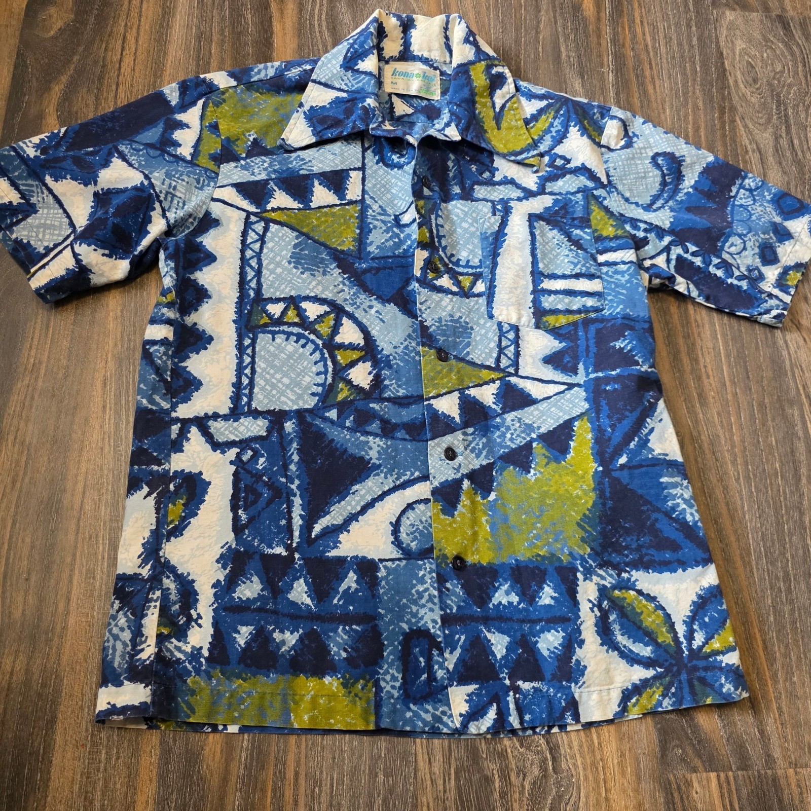 Vintage Kona Kai Jantzen Hawaiian Shirt Blue Geometric Abstract MCM 1960s 70s M