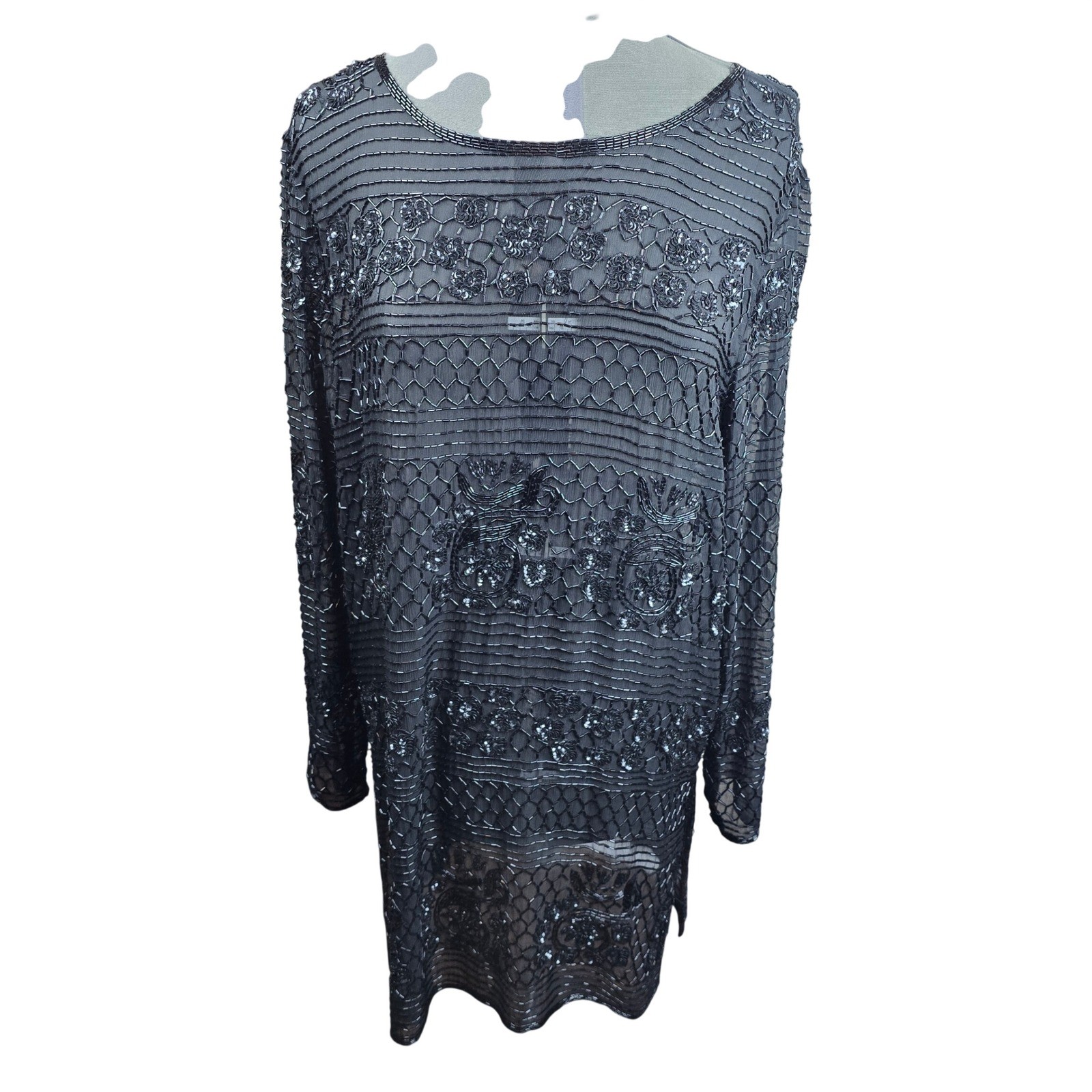Vintage Adrianna Papell Evening Silk Beaded Sequined Top Tunic Sheer Black XL