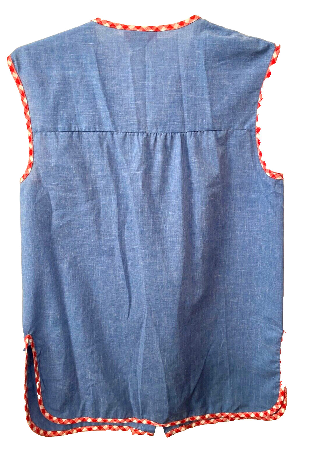 Vtg KANDY’S COVER UPS Womens S Art Smock Vest USA Made BLUE RED PLAID Pearl Snap