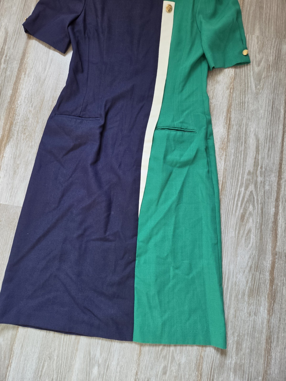 Vintage Damon II Colorblock Sheath Dress Navy Green Gold Button USA Size 10 EUC