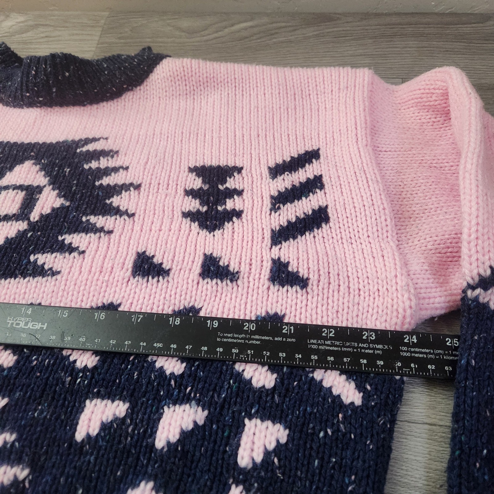 Vintage NUOVO Pink Navy Knit Sweater Size L Speckled Mock Neck Aztec Chunky Wool