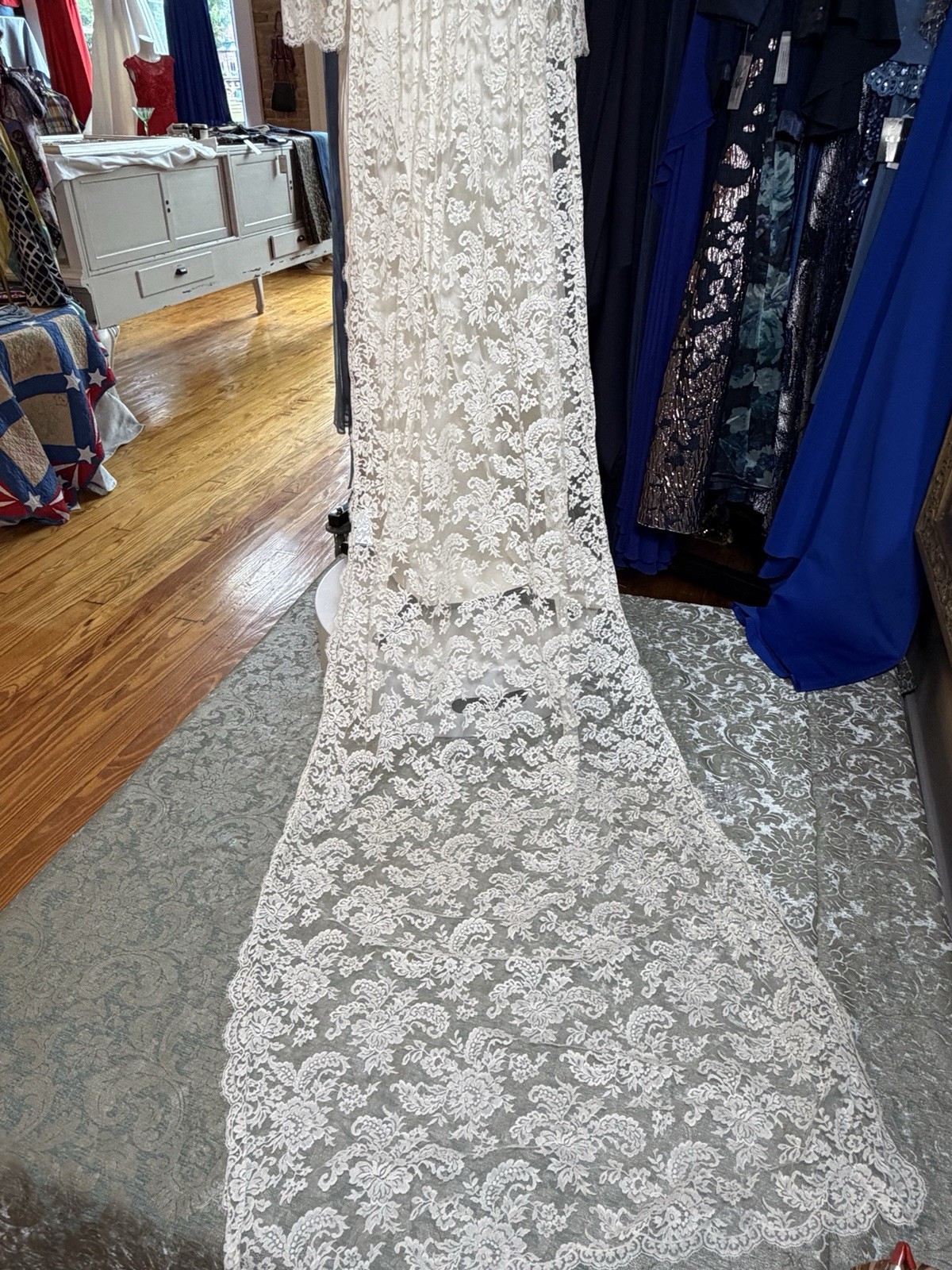 VTG silk wedding gown handmade from 1969 watteau lace train over 7 ft sz 8