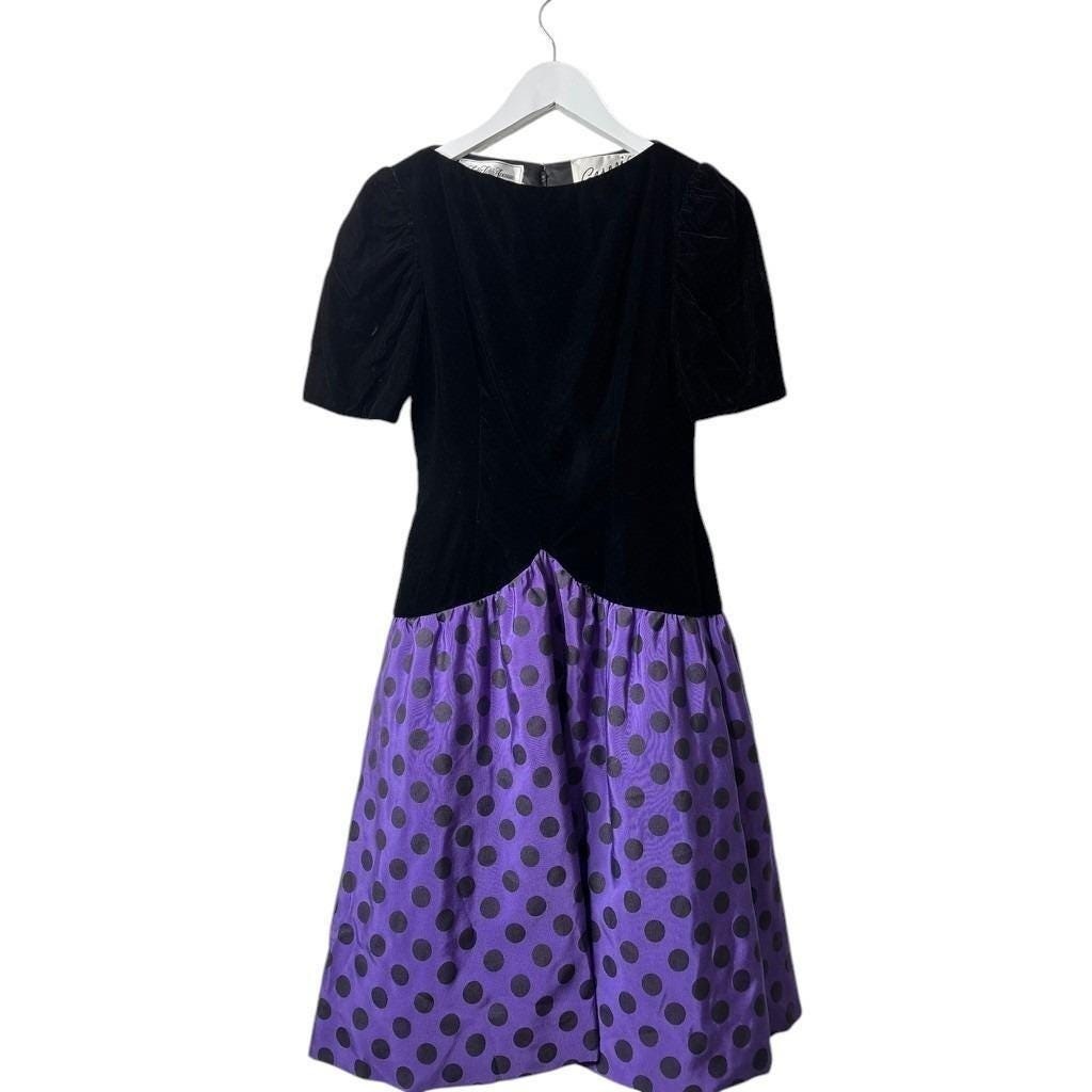 Rare VTG 1980 Arnold Scaasi Dress Black Velvet Purple Polka Dot Cocktail SZ 8