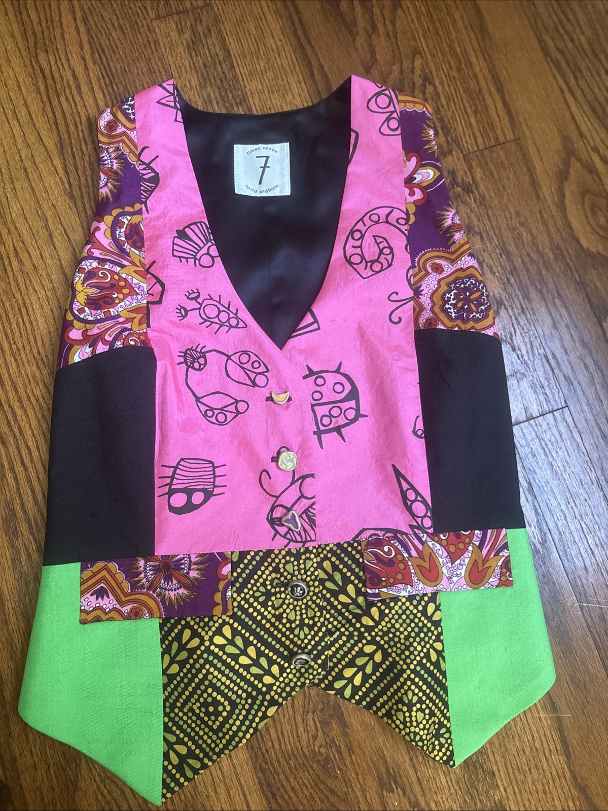 VTG 90s TODD OLDHAM Times Seven Silk Vest Mismatched Jewel Buttons S-M