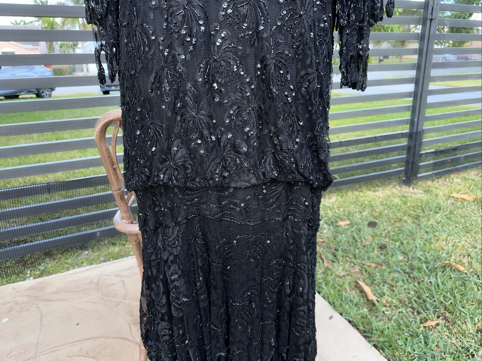VTG JUDITH ANN CREATIONS BLACK SILK HEAVELY BEADED ASYMMETRIC HEM DRESS Sz XL