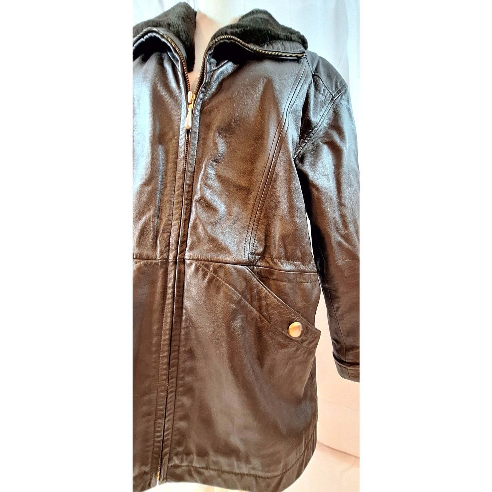 Donna Pelle Vintage Brown Leather Coat Faux Fur Collar Size S
