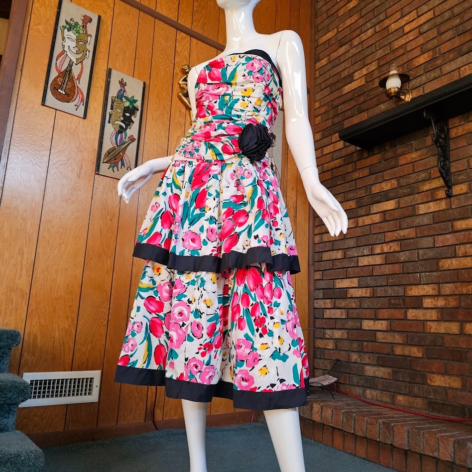 Vtg 1980s Strapless Tulip Floral Cocktail Garden Party SATC Prom Tea Dress S/M