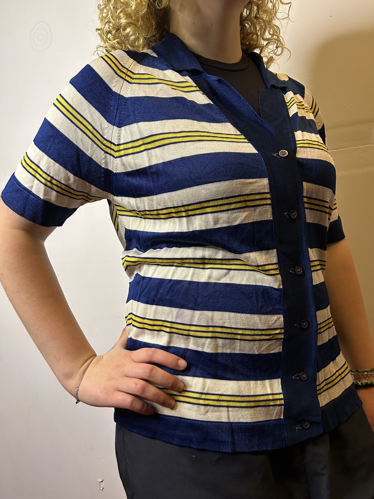 Vintage Australian 70s David Keys Connie Style Cardigan Blue Striped Knit AU 14