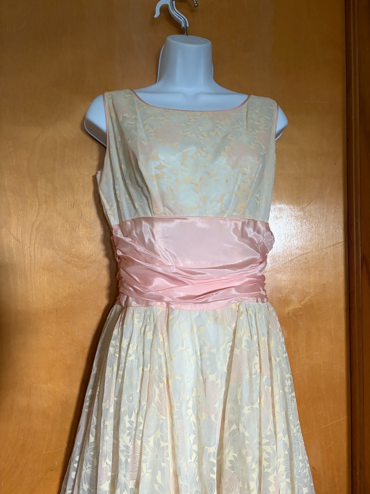 Vintage 1950s Organza Floral Party Dress S, Pink Satin Cummerbund Sash Fit & Fla