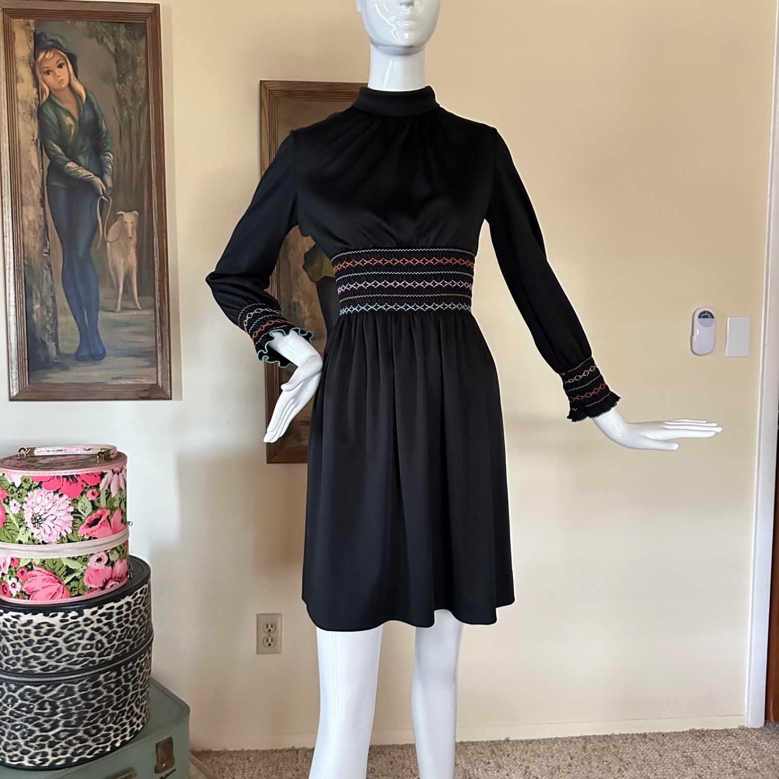 Vintage 1970s Mod Shady Lane Rainbow Smocked Waist Long Sleeve Mini Day Dress S