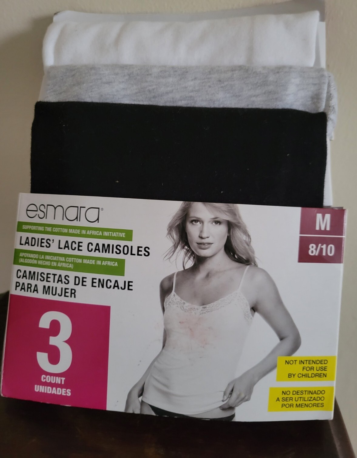 Esmara 3 Camisoles Lace Trim White, Gray & Black Med 8/10 Cotton from Africa New