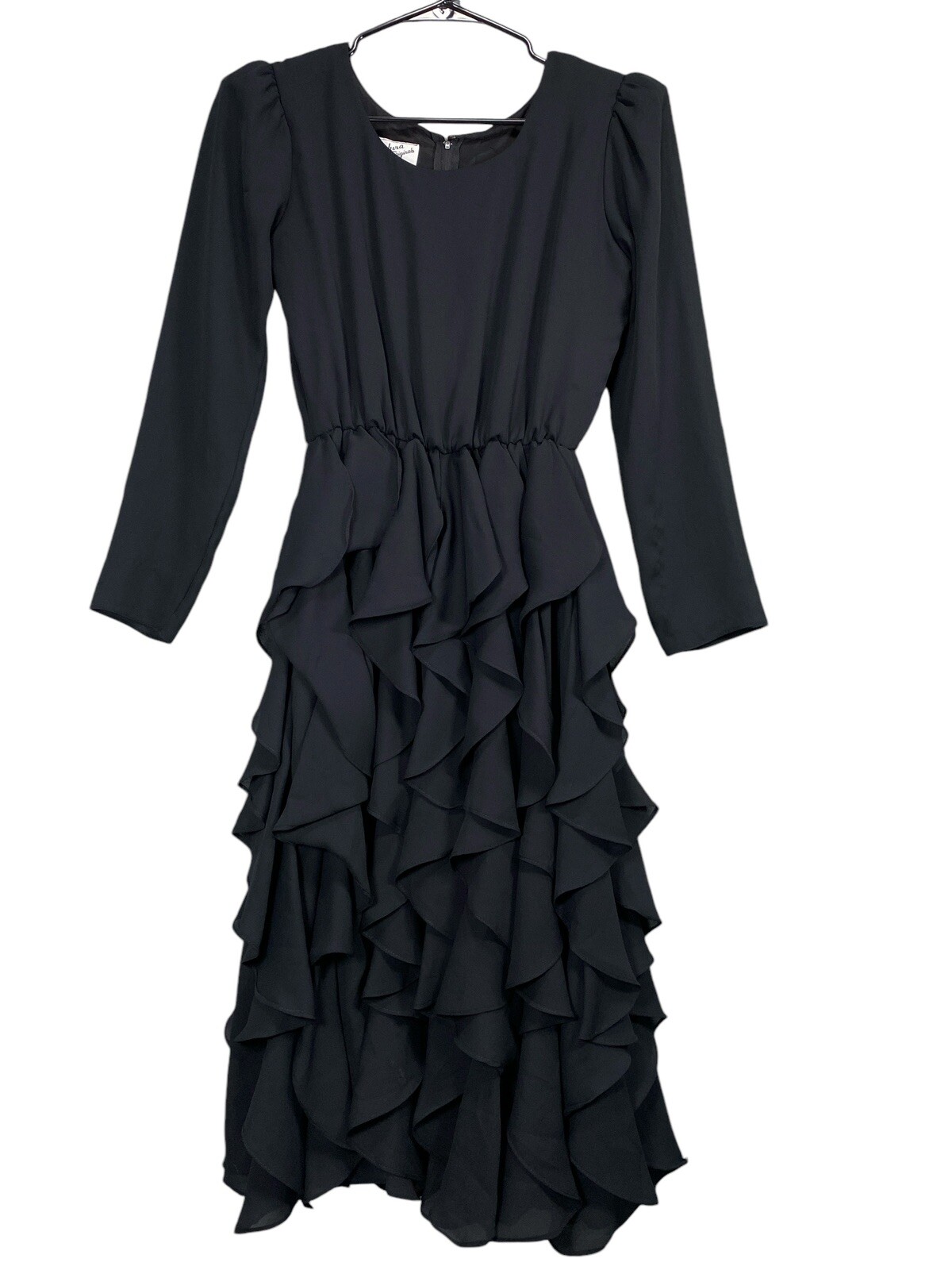 Vintage Claralura Originals Black Cocktail Dress 8 Midi Tiered Ruffles Gothic