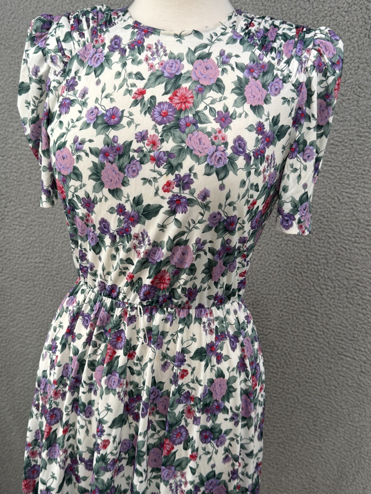 Vintage 1980s Midi Tea Length Dress S Tabby of California Fit Flare Puff Sleeve