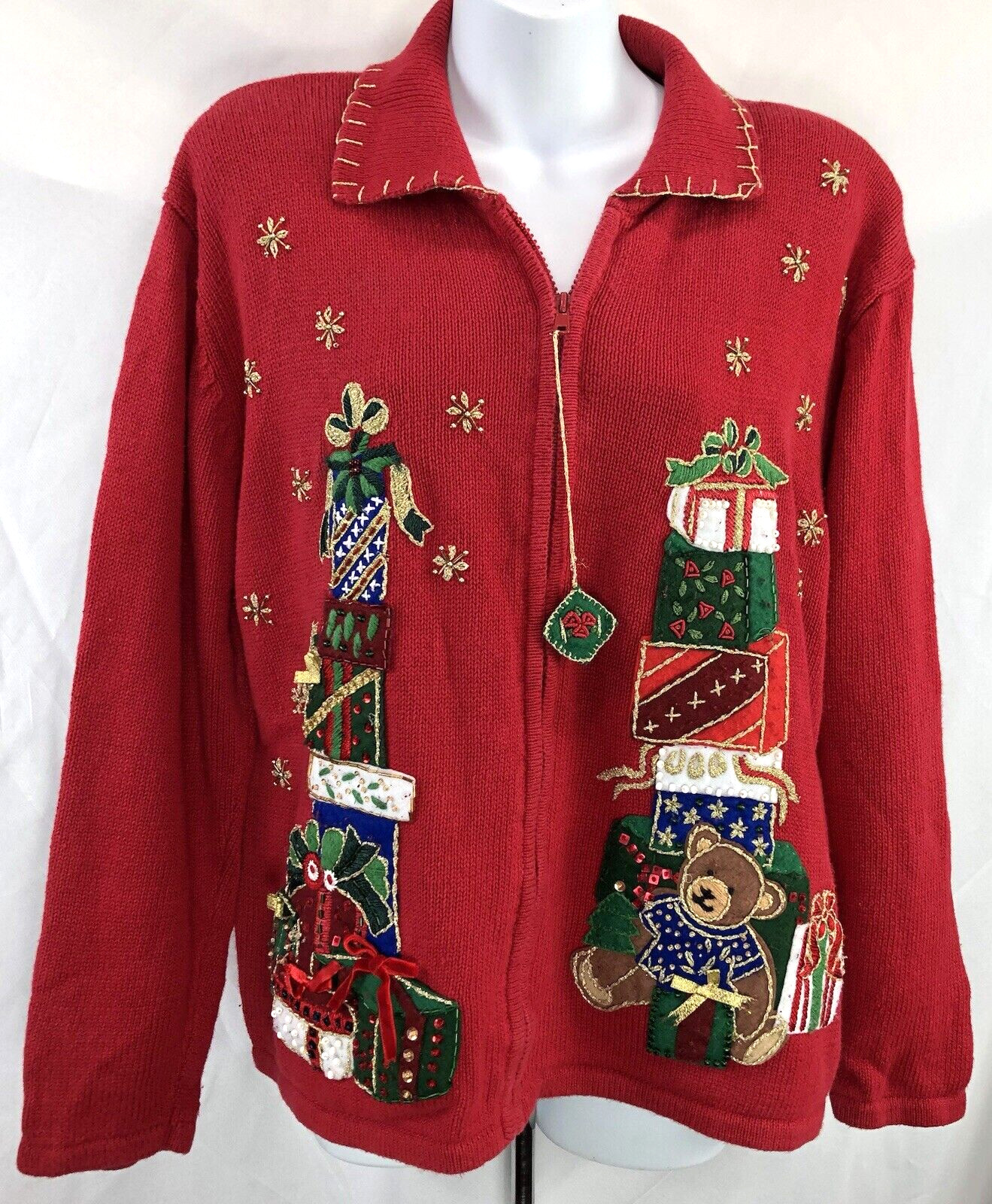 Vintage heirloom collectibles Cardigan sweater L zip front red Christmas holiday