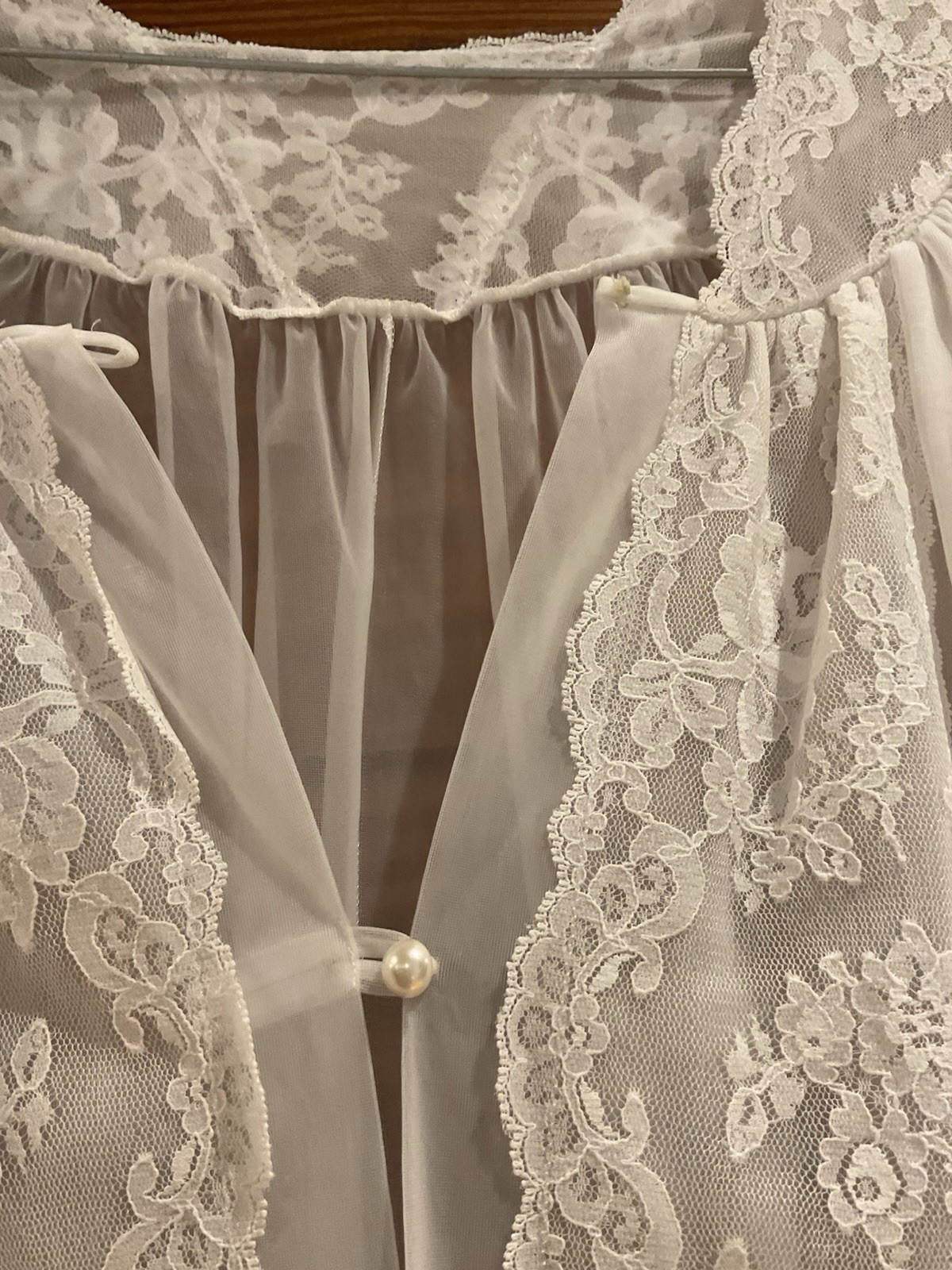 Vintage Shadowline White Sheer Nylon Chiffon Lace Long Robe USA Petite P