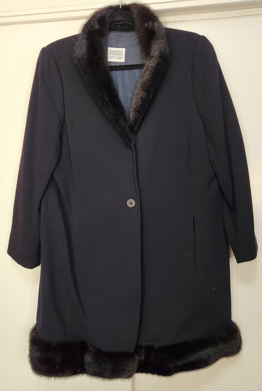 GianFranco Ferre 1980s Vintage Black Long Wool Dress Coat w Fur Trim ALTERED M/L