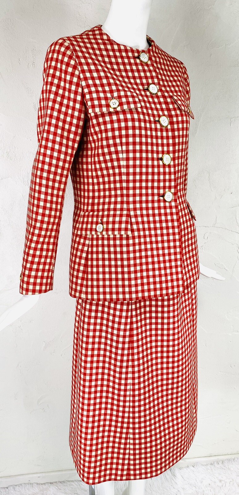 Met Museum Archive 1972 NORMAN NORELL Red Cream Gingham Skirt Jacket Suit M